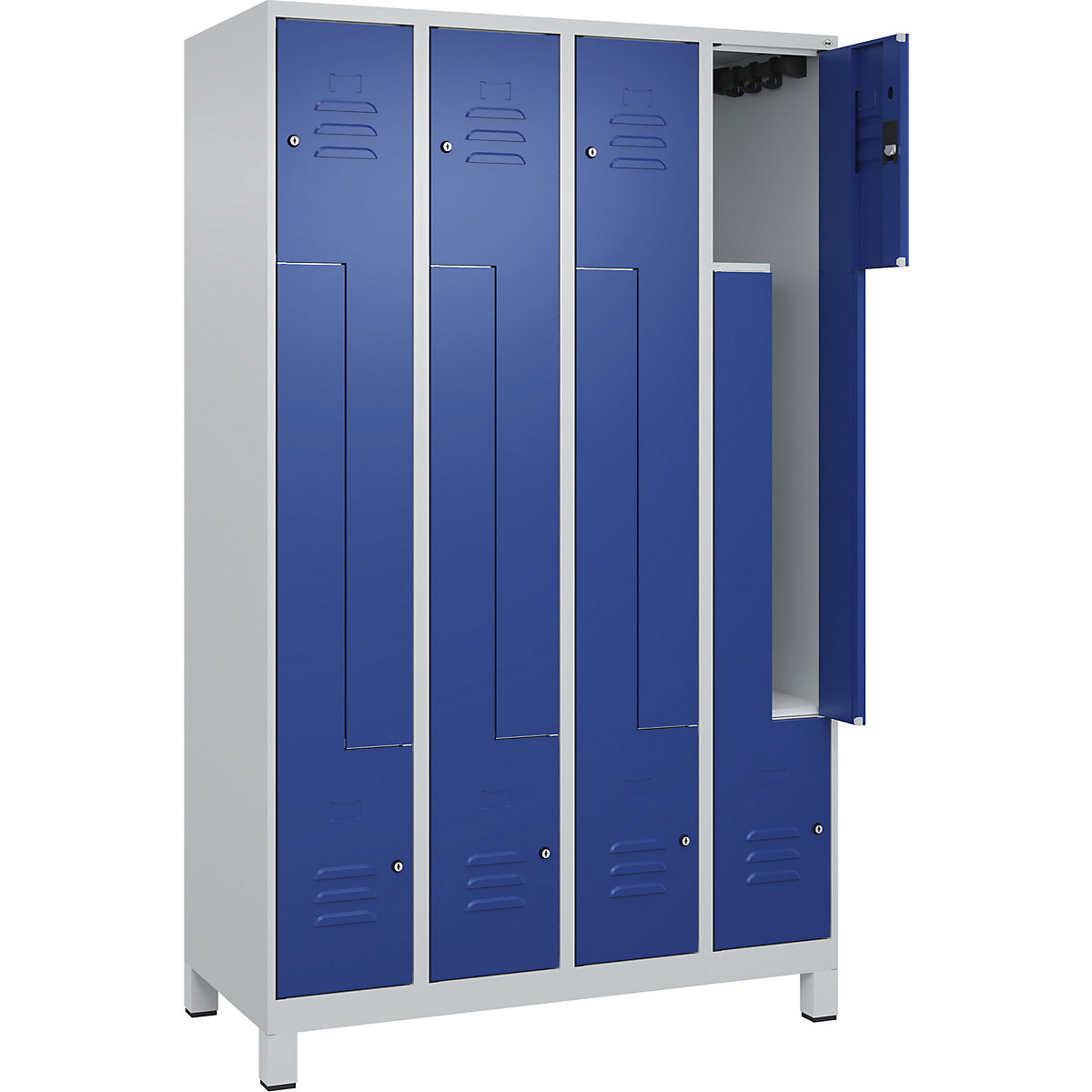 Armadietto a Z Classic PLUS – C+P, 4 scomparti, grigio chiaro / blu genziana, largh. 1200 mm, con piedini, serratura a cilindro-0
