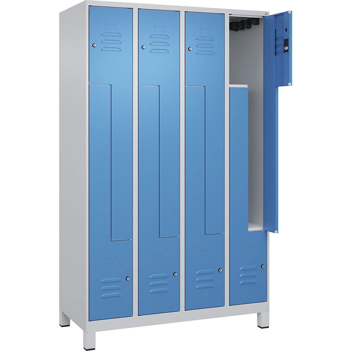 Armadietto a Z Classic PLUS – C+P, 4 scomparti, grigio chiaro / blu chiaro, largh. 1200 mm, con piedini, serratura a cilindro-0