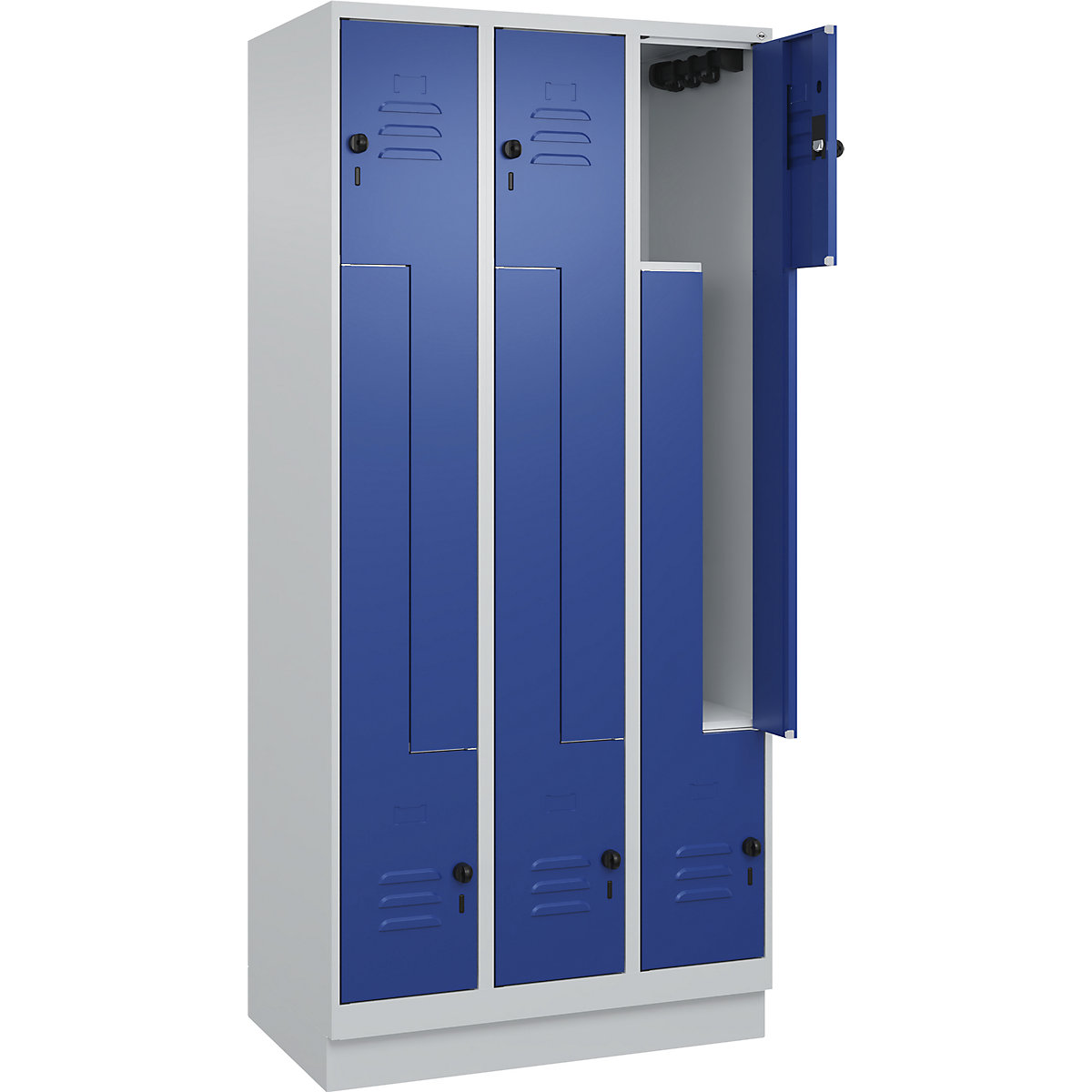 Armadietto a Z Classic PLUS – C+P, 3 scomparti, grigio chiaro / blu genziana, largh. 900 mm, con zoccolino, serratura girevole-0