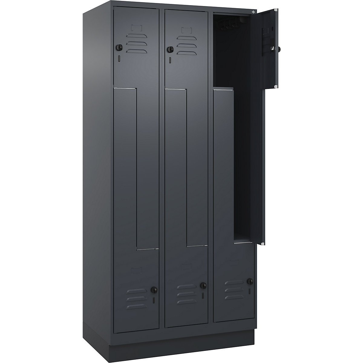 Armadietto a Z Classic PLUS – C+P, 3 scomparti, grigio, largh. 900 mm, con zoccolino, serratura girevole-0