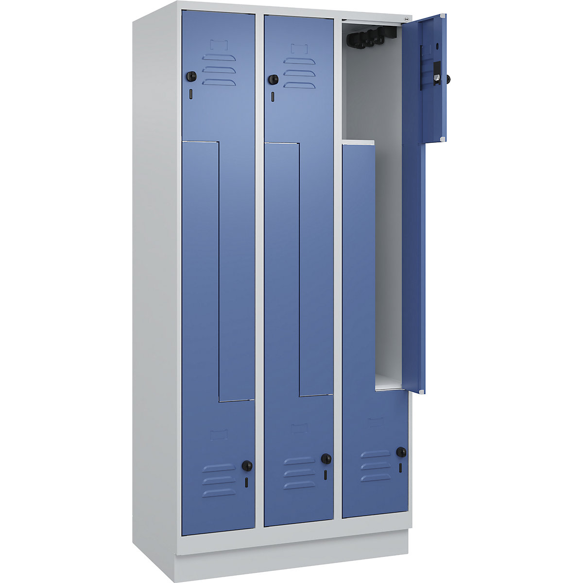 Armadietto a Z Classic PLUS – C+P, 3 scomparti, grigio chiaro / indaco, largh. 900 mm, con zoccolino, serratura girevole-0