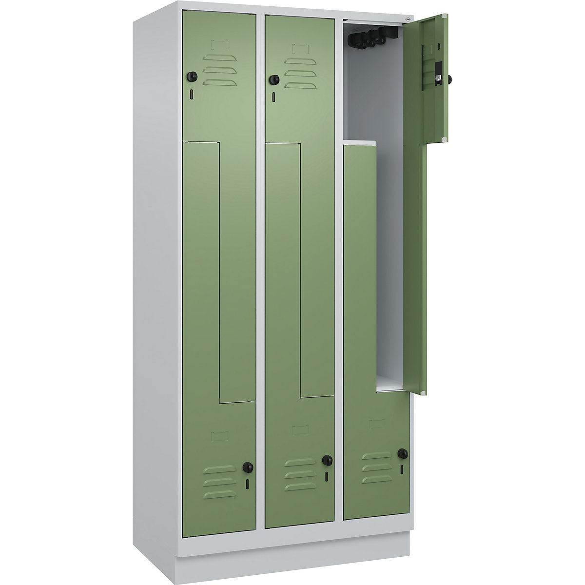 Armadietto a Z Classic PLUS – C+P, 3 scomparti, grigio chiaro / verde reseda, largh. 900 mm, con zoccolino, serratura girevole-0