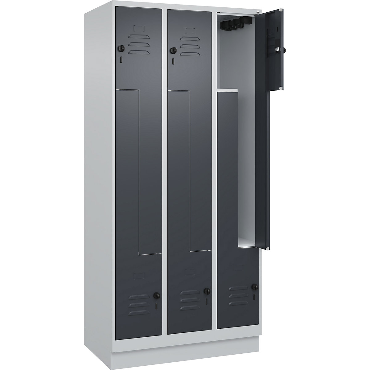 Armadietto a Z Classic PLUS – C+P, 3 scomparti, grigio chiaro / grigio, largh. 900 mm, con zoccolino, serratura girevole-0