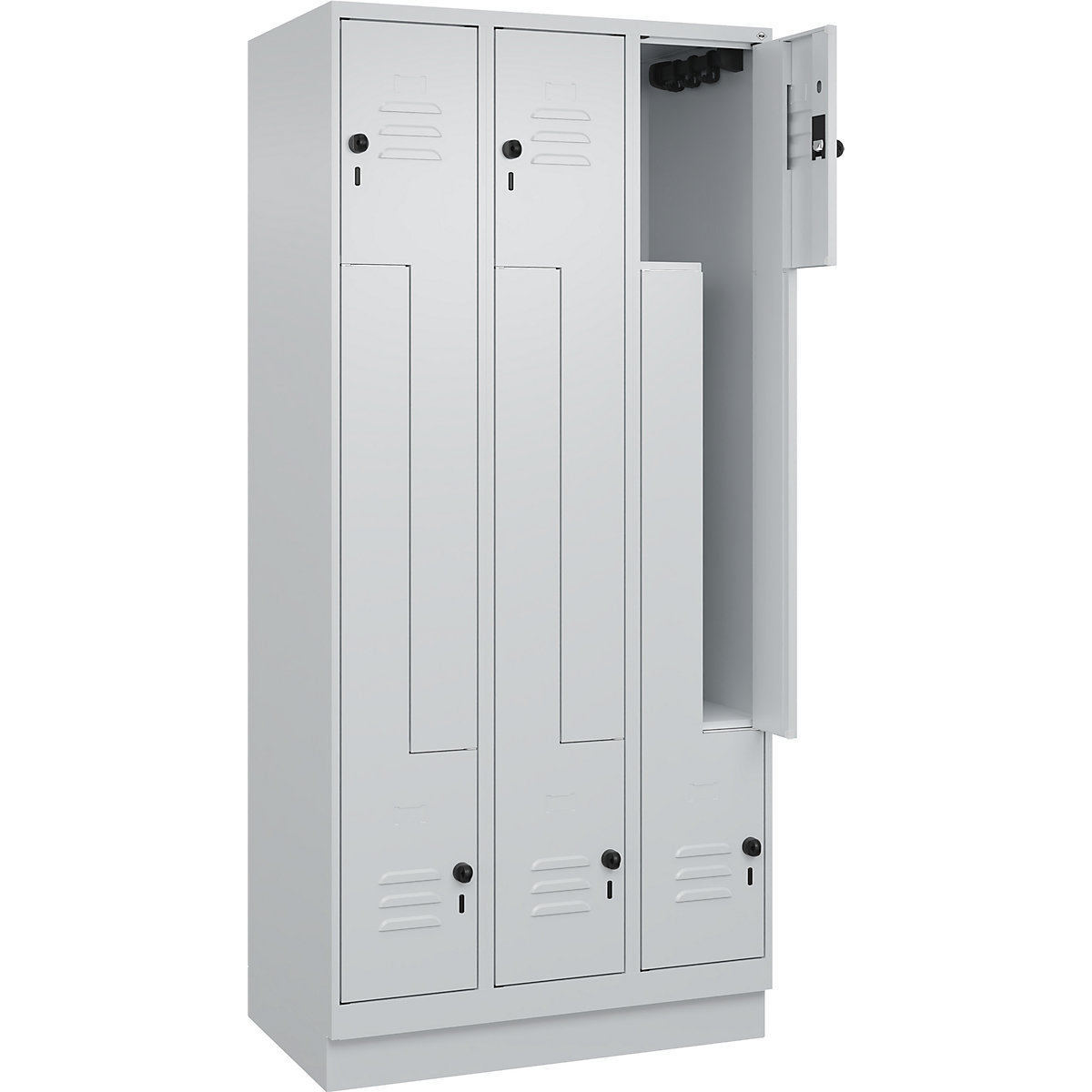 Armadietto a Z Classic PLUS – C+P, 3 scomparti, grigio chiaro, largh. 900 mm, con zoccolino, serratura girevole-0