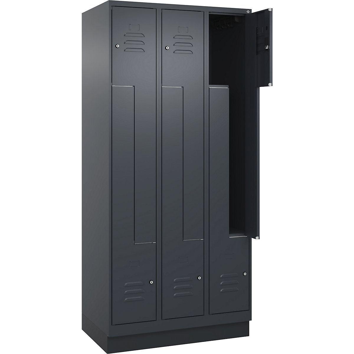 Armadietto a Z Classic PLUS – C+P, 3 scomparti, grigio, largh. 900 mm, con zoccolino, serratura a cilindro-0