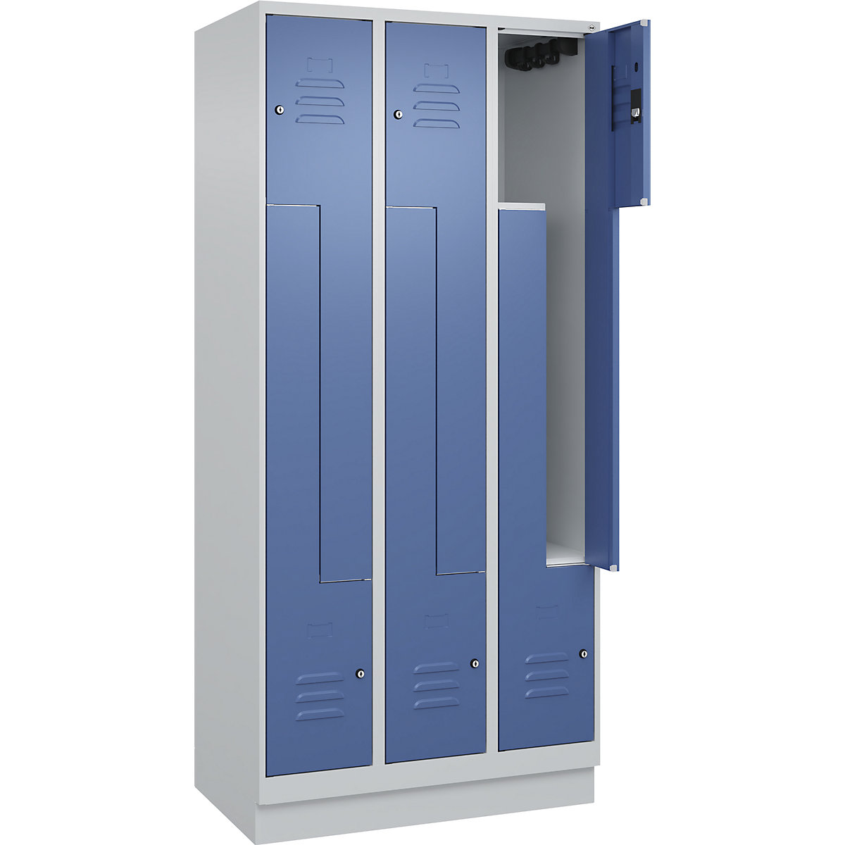 Armadietto a Z Classic PLUS – C+P, 3 scomparti, grigio chiaro / indaco, largh. 900 mm, con zoccolino, serratura a cilindro-0