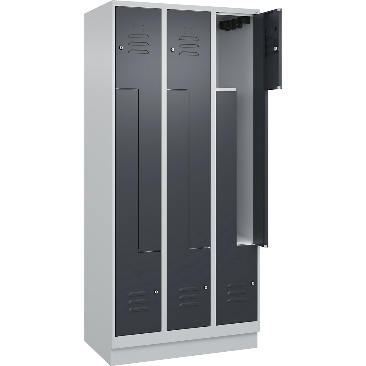 Armadietto a Z Classic PLUS – C+P, 3 scomparti, grigio chiaro / grigio, largh. 900 mm, con zoccolino, serratura a cilindro-0