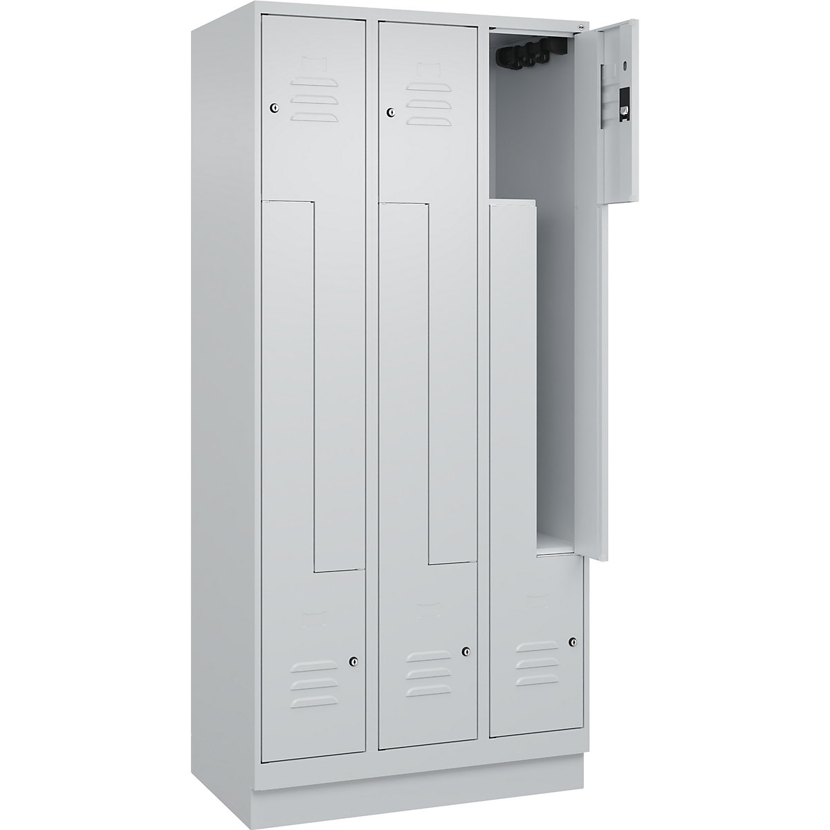 Armadietto a Z Classic PLUS – C+P, 3 scomparti, grigio chiaro, largh. 900 mm, con zoccolino, serratura a cilindro-0