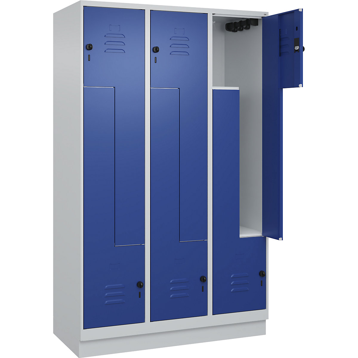 Armadietto a Z Classic PLUS – C+P, 3 scomparti, grigio chiaro / blu genziana, largh. 1200 mm, con zoccolino, serratura girevole-0