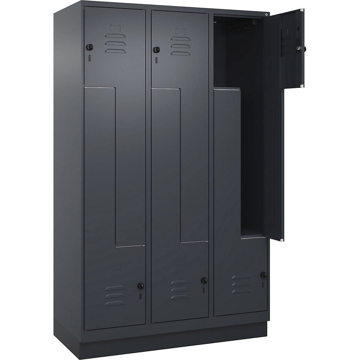 Armadietto a Z Classic PLUS – C+P, 3 scomparti, grigio, largh. 1200 mm, con zoccolino, serratura girevole-0