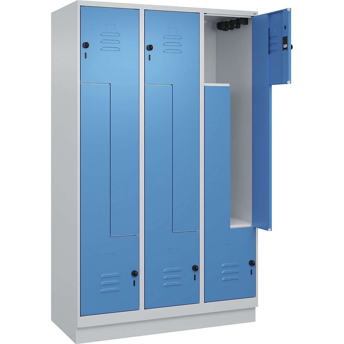 Armadietto a Z Classic PLUS – C+P, 3 scomparti, grigio chiaro / blu chiaro, largh. 1200 mm, con zoccolino, serratura girevole-0