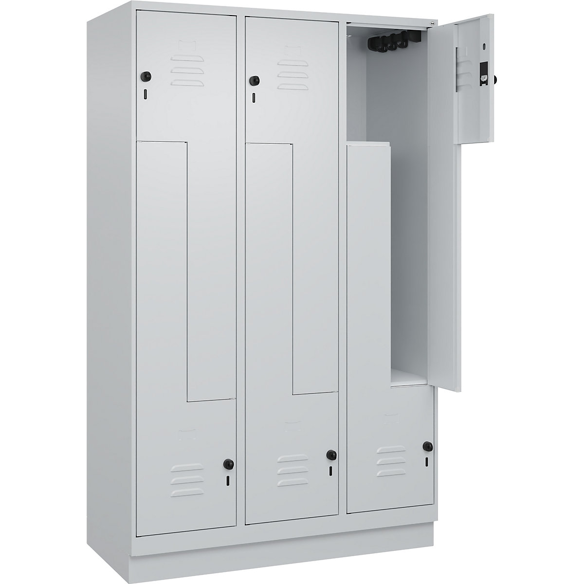 Armadietto a Z Classic PLUS – C+P, 3 scomparti, grigio chiaro, largh. 1200 mm, con zoccolino, serratura girevole-0