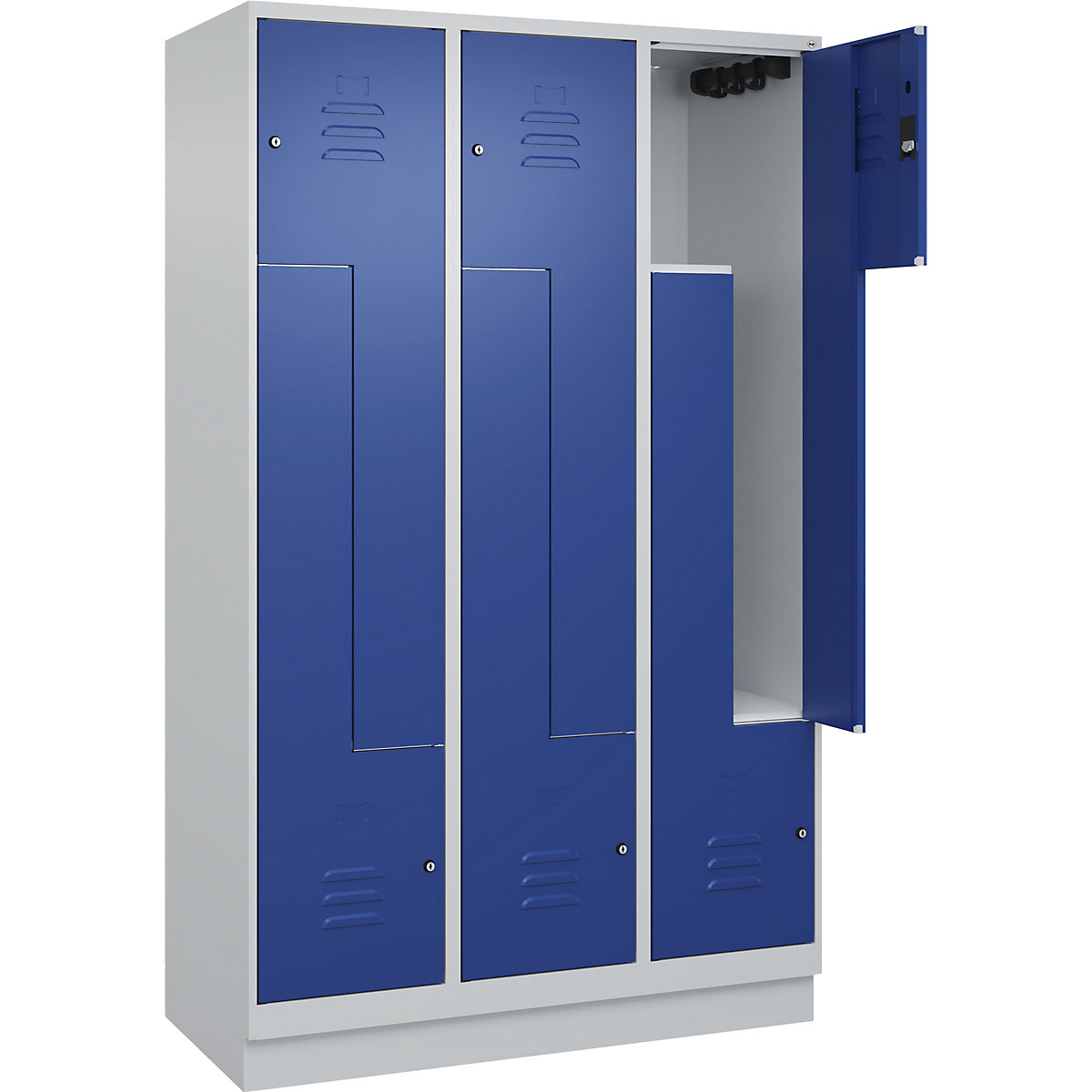 Armadietto a Z Classic PLUS – C+P, 3 scomparti, grigio chiaro / blu genziana, largh. 1200 mm, con zoccolino, serratura a cilindro-0