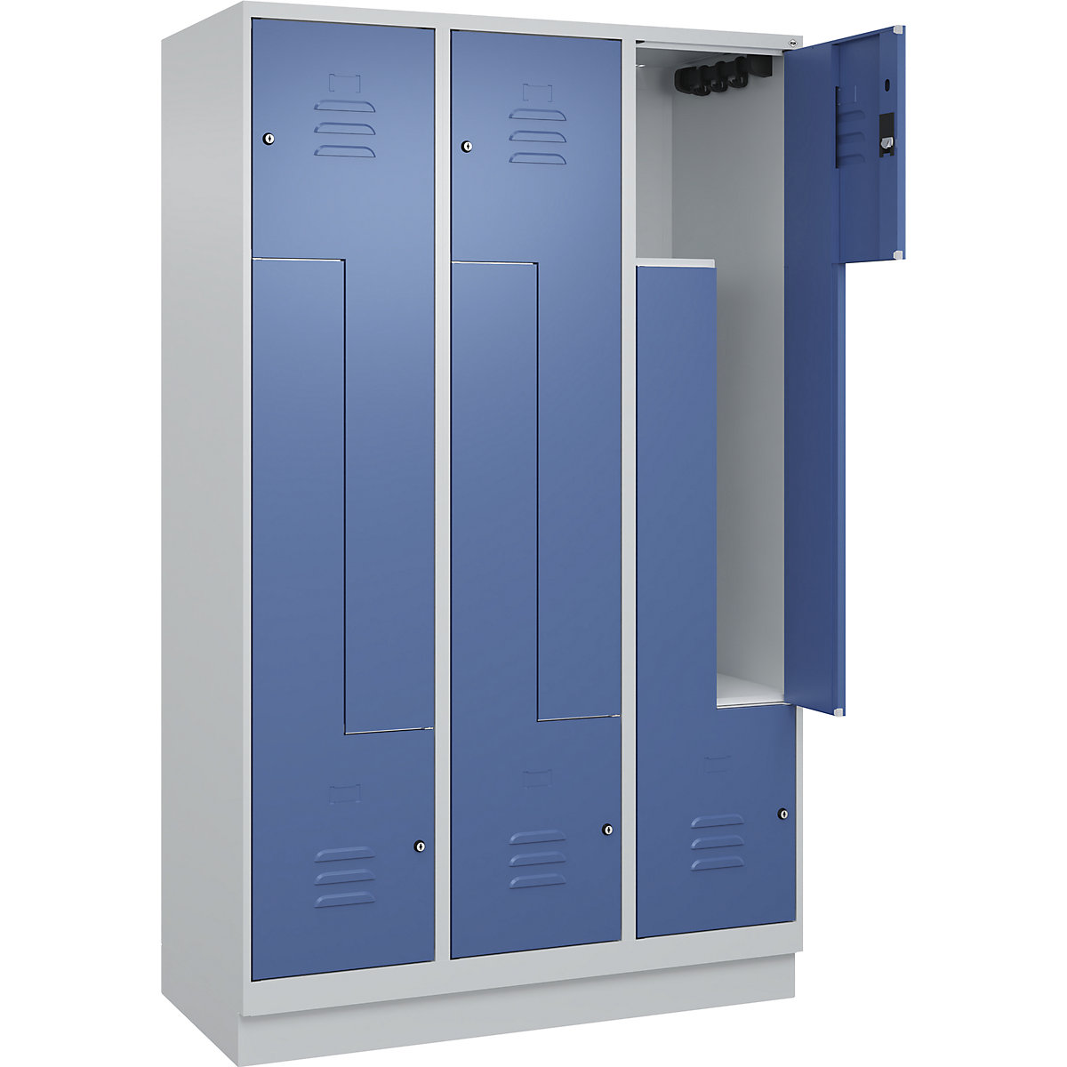Armadietto a Z Classic PLUS – C+P, 3 scomparti, grigio chiaro / indaco, largh. 1200 mm, con zoccolino, serratura a cilindro-0