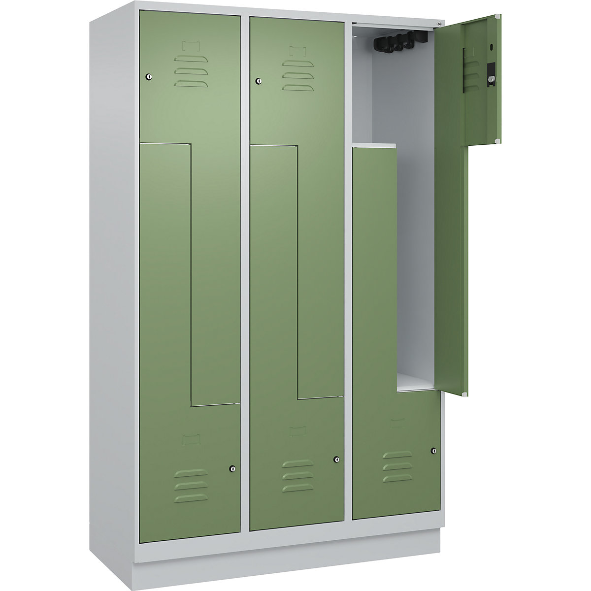 Armadietto a Z Classic PLUS – C+P, 3 scomparti, grigio chiaro / verde reseda, largh. 1200 mm, con zoccolino, serratura a cilindro-0
