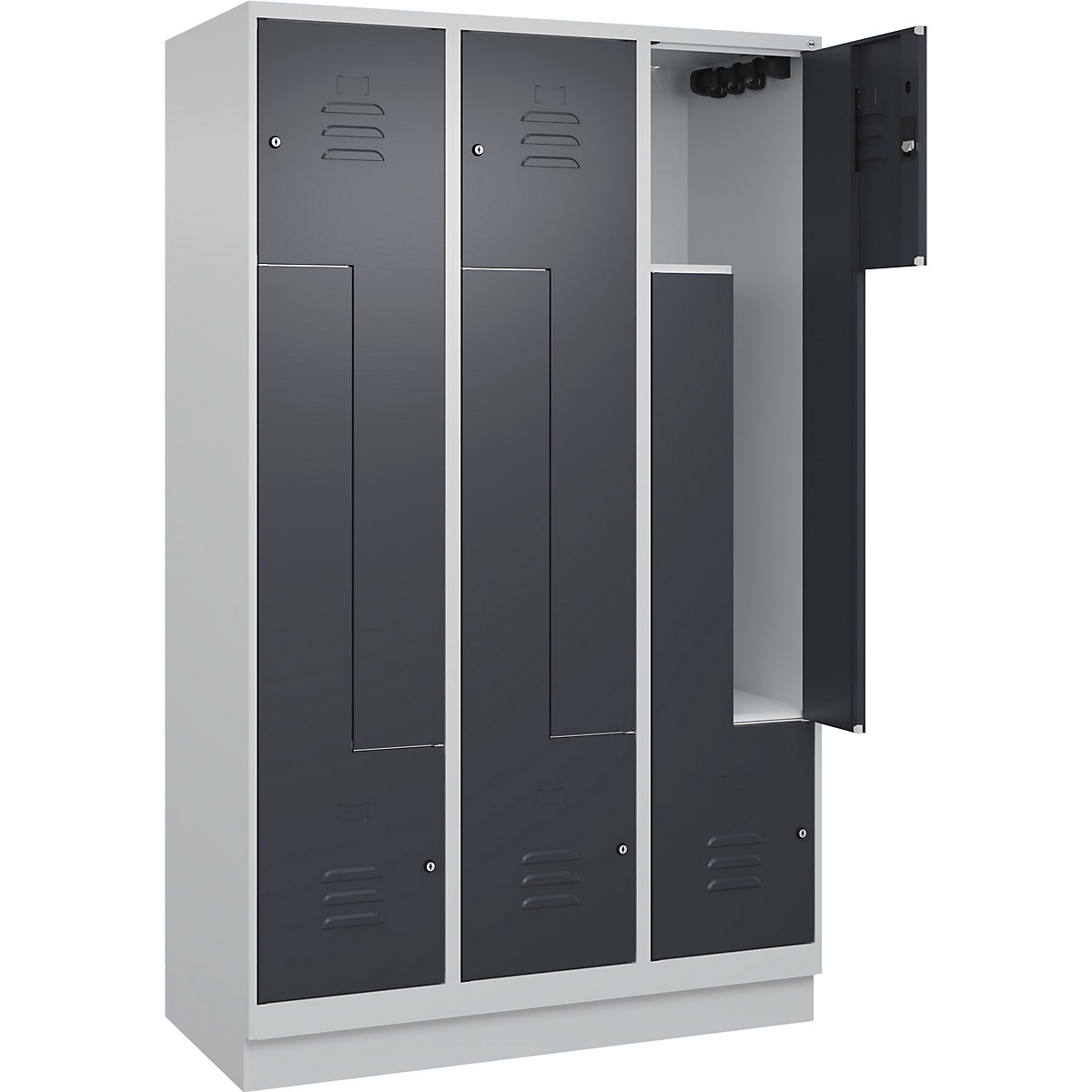 Armadietto a Z Classic PLUS – C+P, 3 scomparti, grigio chiaro / grigio, largh. 1200 mm, con zoccolino, serratura a cilindro-0