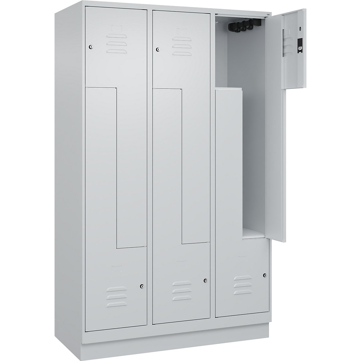 Armadietto a Z Classic PLUS – C+P, 3 scomparti, grigio chiaro, largh. 1200 mm, con zoccolino, serratura a cilindro-0