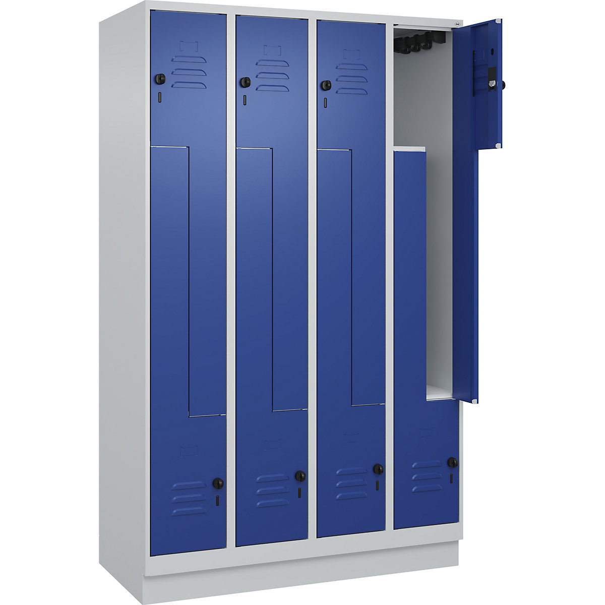 Armadietto a Z Classic PLUS – C+P, 4 scomparti, grigio chiaro / blu genziana, largh. 1200 mm, con zoccolino, serratura girevole-0