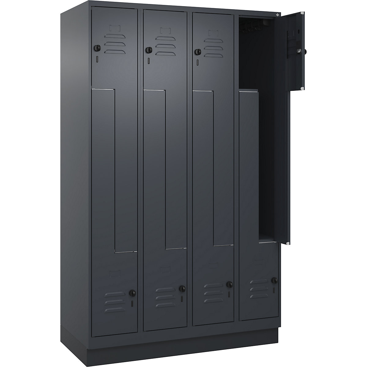 Armadietto a Z Classic PLUS – C+P, 4 scomparti, grigio, largh. 1200 mm, con zoccolino, serratura girevole-0