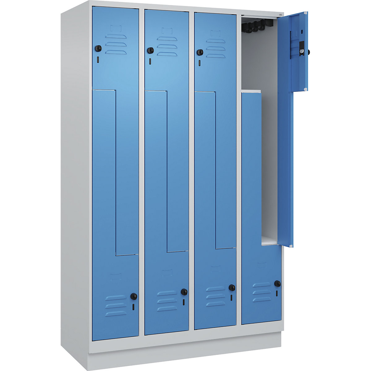 Armadietto a Z Classic PLUS – C+P, 4 scomparti, grigio chiaro / blu chiaro, largh. 1200 mm, con zoccolino, serratura girevole-0