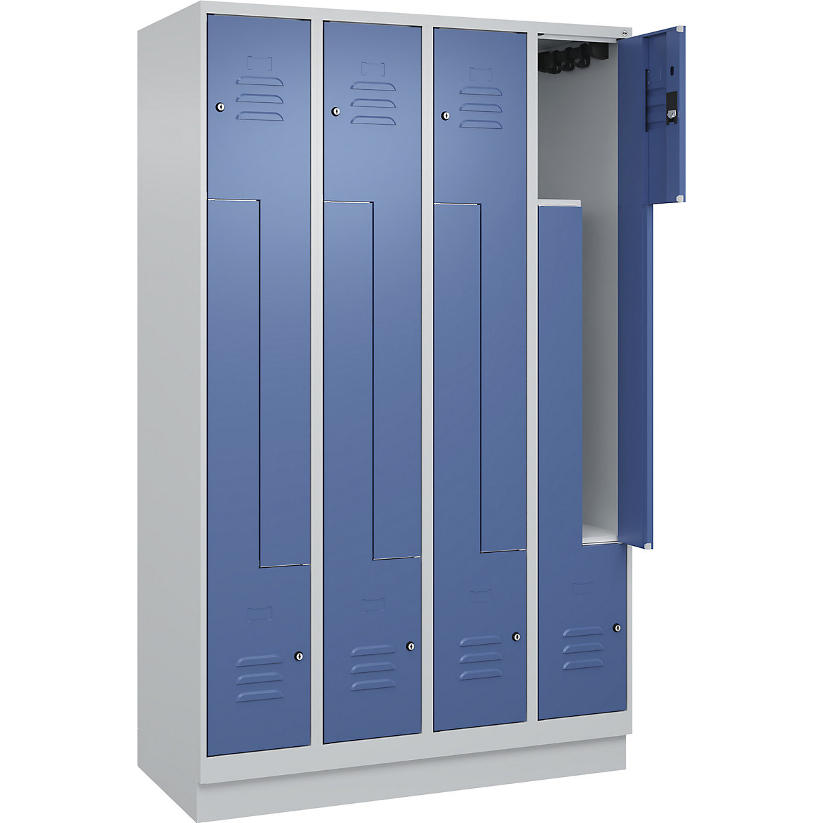 Armadietto a Z Classic PLUS – C+P, 4 scomparti, grigio chiaro / indaco, largh. 1200 mm, con zoccolino, serratura a cilindro-0