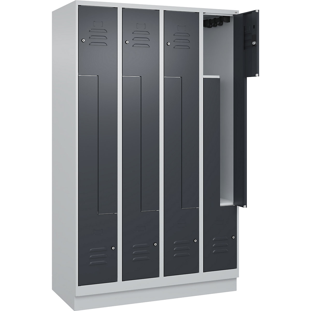 Armadietto a Z Classic PLUS – C+P, 4 scomparti, grigio chiaro / grigio, largh. 1200 mm, con zoccolino, serratura a cilindro-0