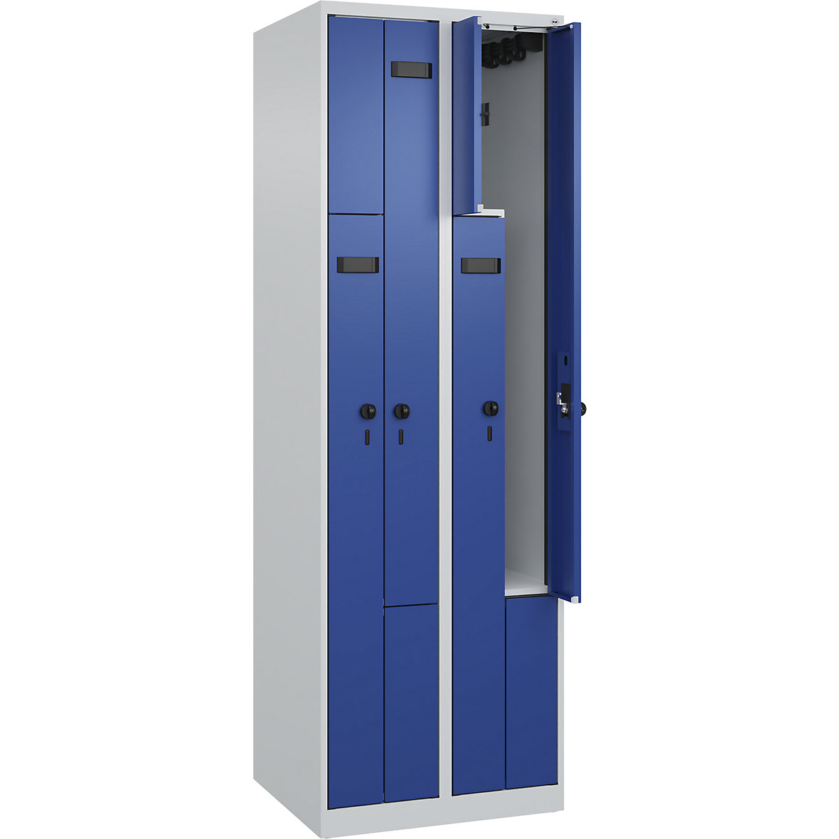 Armadietto a Z Evolo PLUS, 2 scomparti, grigio chiaro / blu genziana, largh. 600 mm, 4 vani, con piedini a pavimento, serratura girevole di sicurezza-0