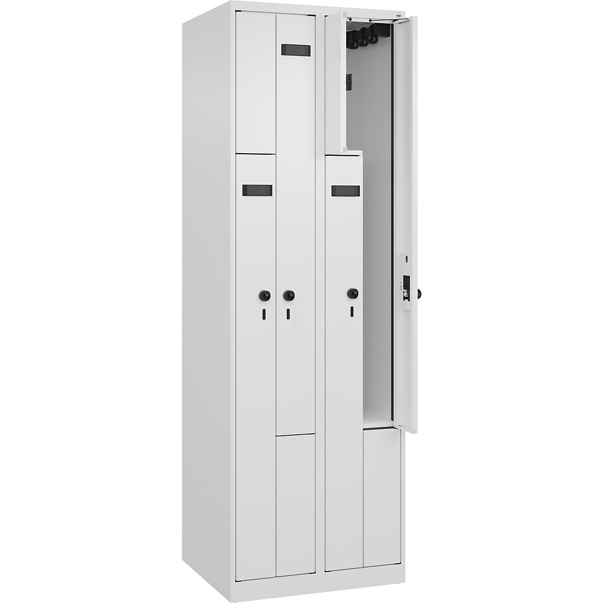 Armadietto a Z Evolo PLUS, 2 scomparti, bianco, largh. 600 mm, 4 vani, con piedini a pavimento, serratura girevole di sicurezza-0