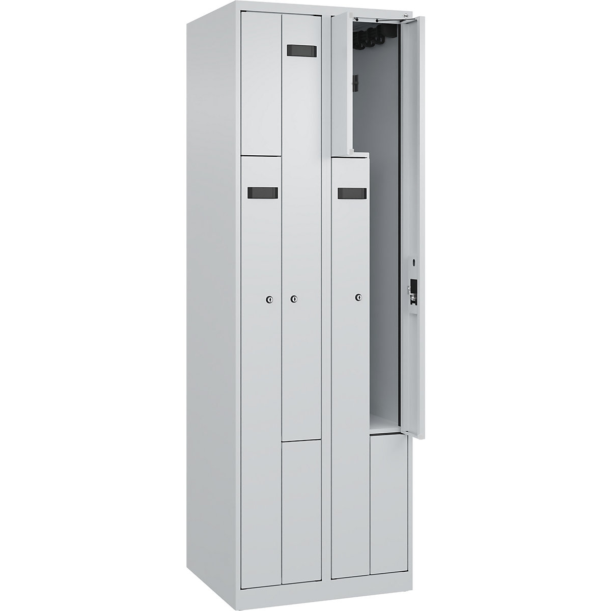 Armadietto a Z Evolo PLUS, 2 scomparti, grigio chiaro, largh. 600 mm, 4 vani, con piedini a pavimento, serratura a cilindro-0