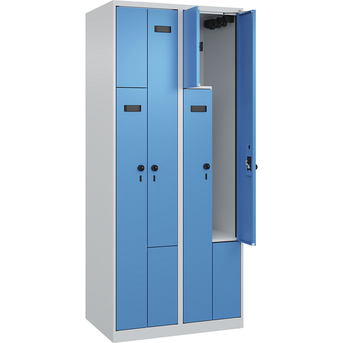 Armadietto a Z Evolo PLUS, 2 scomparti, grigio chiaro / blu chiaro, largh. 800 mm, 4 vani, con piedini a pavimento, serratura girevole di sicurezza-0