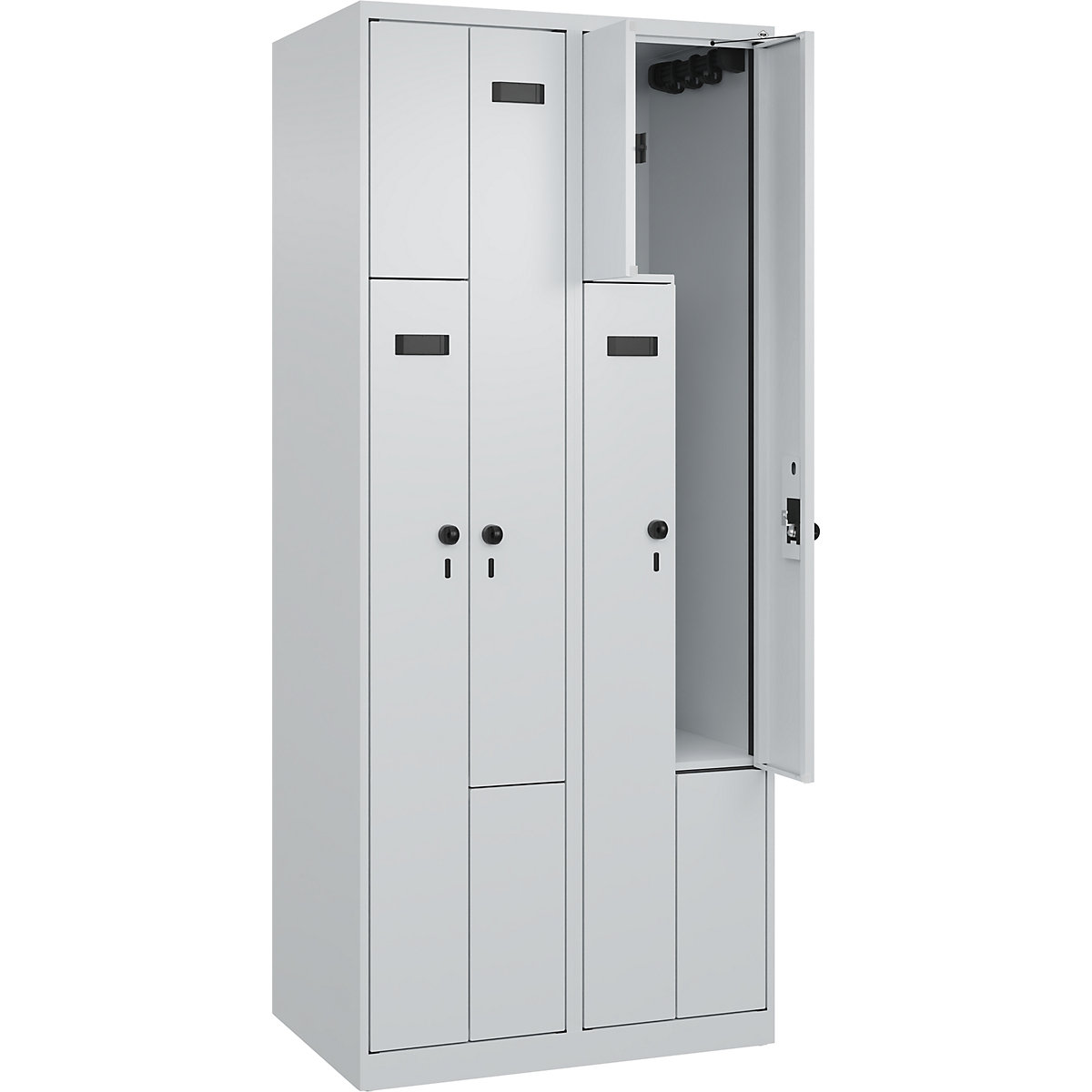 Armadietto a Z Evolo PLUS, 2 scomparti, grigio chiaro, largh. 800 mm, 4 vani, con piedini a pavimento, serratura girevole di sicurezza-0