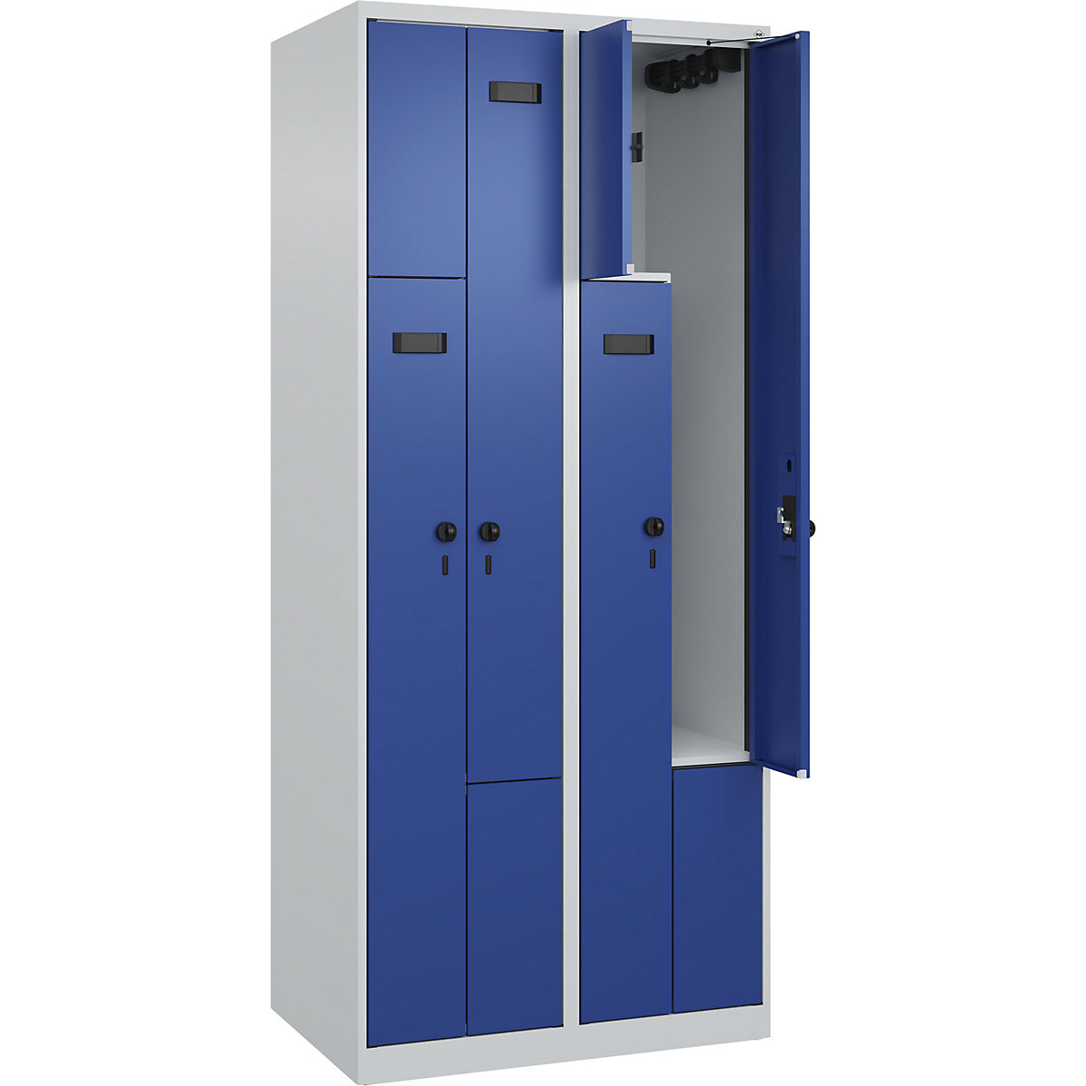 Armadietto a Z Evolo PLUS, 2 scomparti, grigio chiaro / blu genziana, largh. 800 mm, 4 vani, con piedini a pavimento, serratura girevole di sicurezza-0