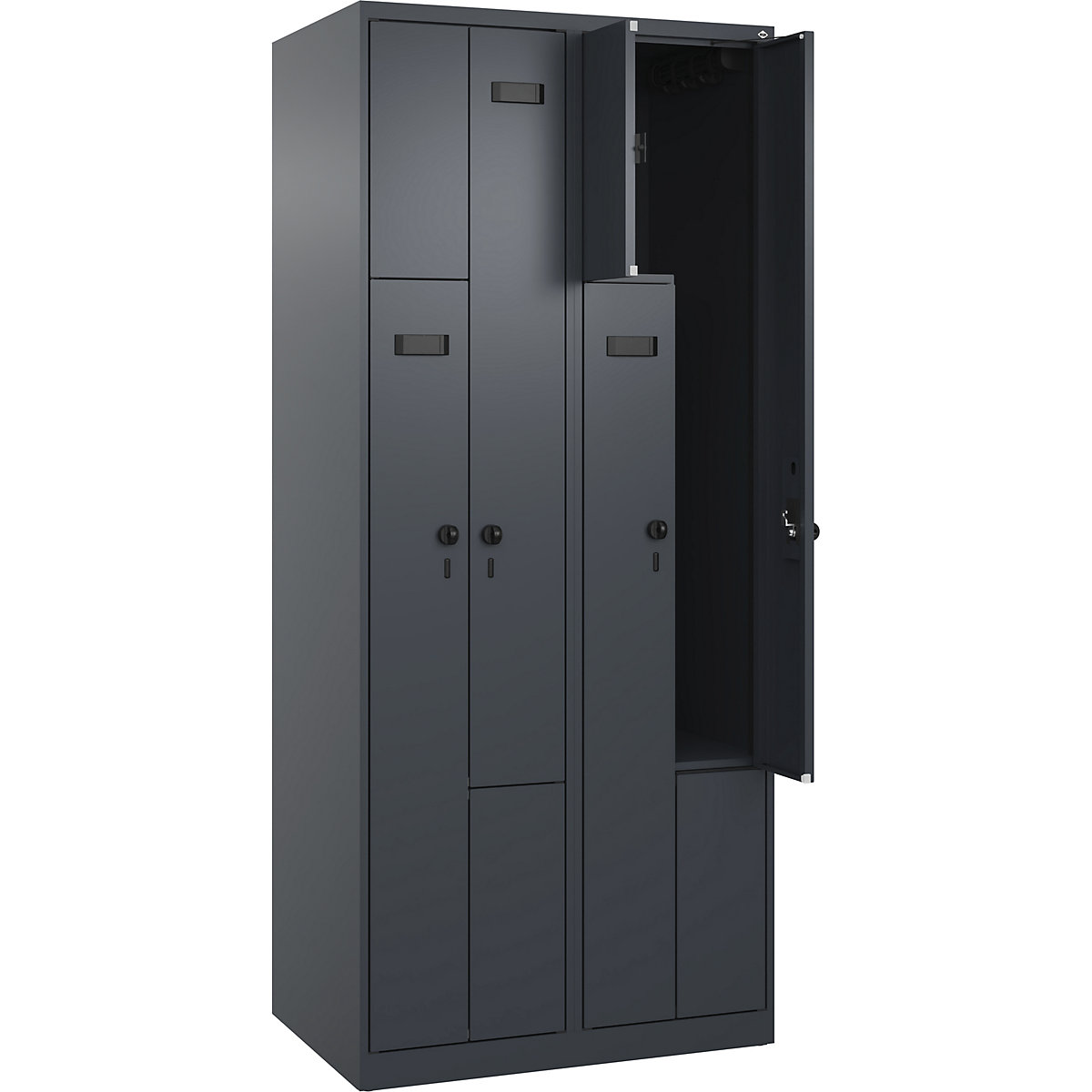 Armadietto a Z Evolo PLUS, 2 scomparti, grigio, largh. 800 mm, 4 vani, con piedini a pavimento, serratura girevole di sicurezza-0