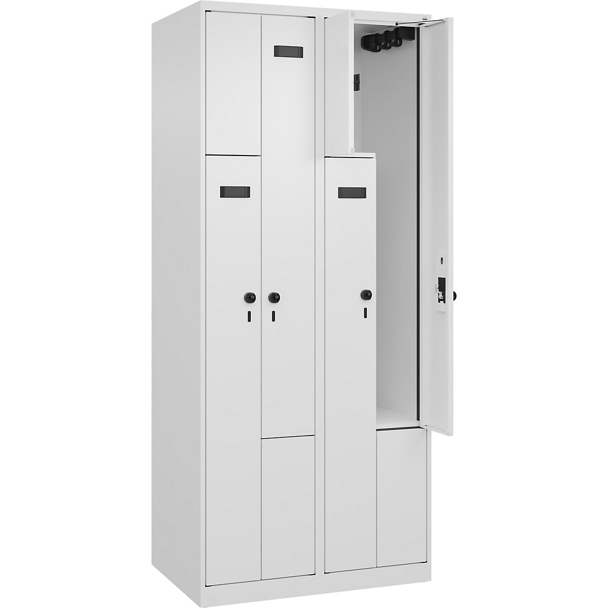 Armadietto a Z Evolo PLUS, 2 scomparti, bianco, largh. 800 mm, 4 vani, con piedini a pavimento, serratura girevole di sicurezza-0