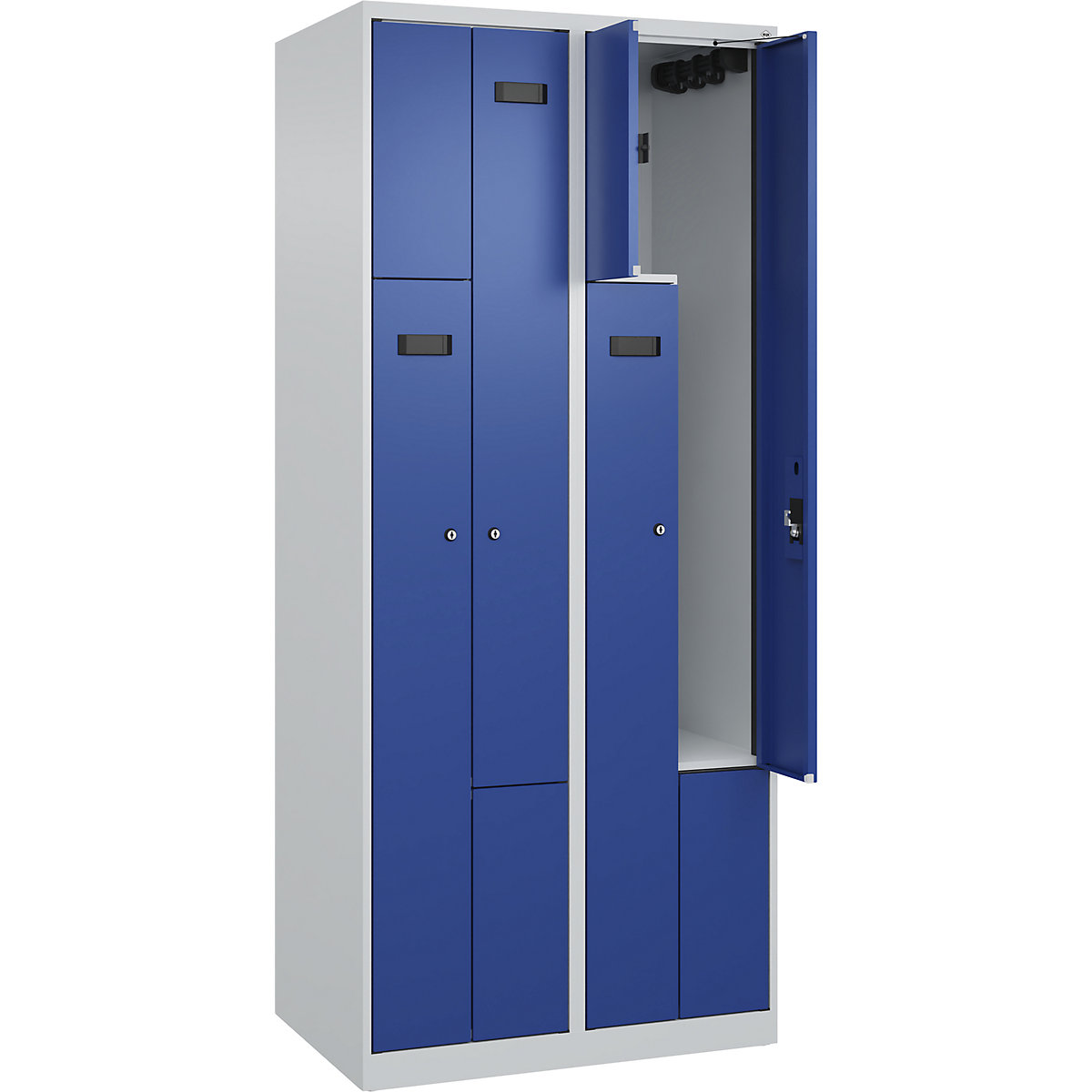 Armadietto a Z Evolo PLUS, 2 scomparti, grigio chiaro / blu genziana, largh. 800 mm, 4 vani, con piedini a pavimento, serratura a cilindro-0