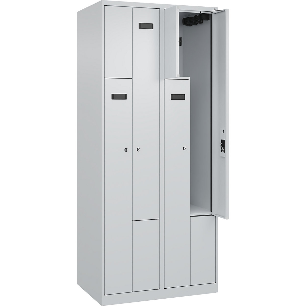 Armadietto a Z Evolo PLUS, 2 scomparti, grigio chiaro, largh. 800 mm, 4 vani, con piedini a pavimento, serratura a cilindro-0