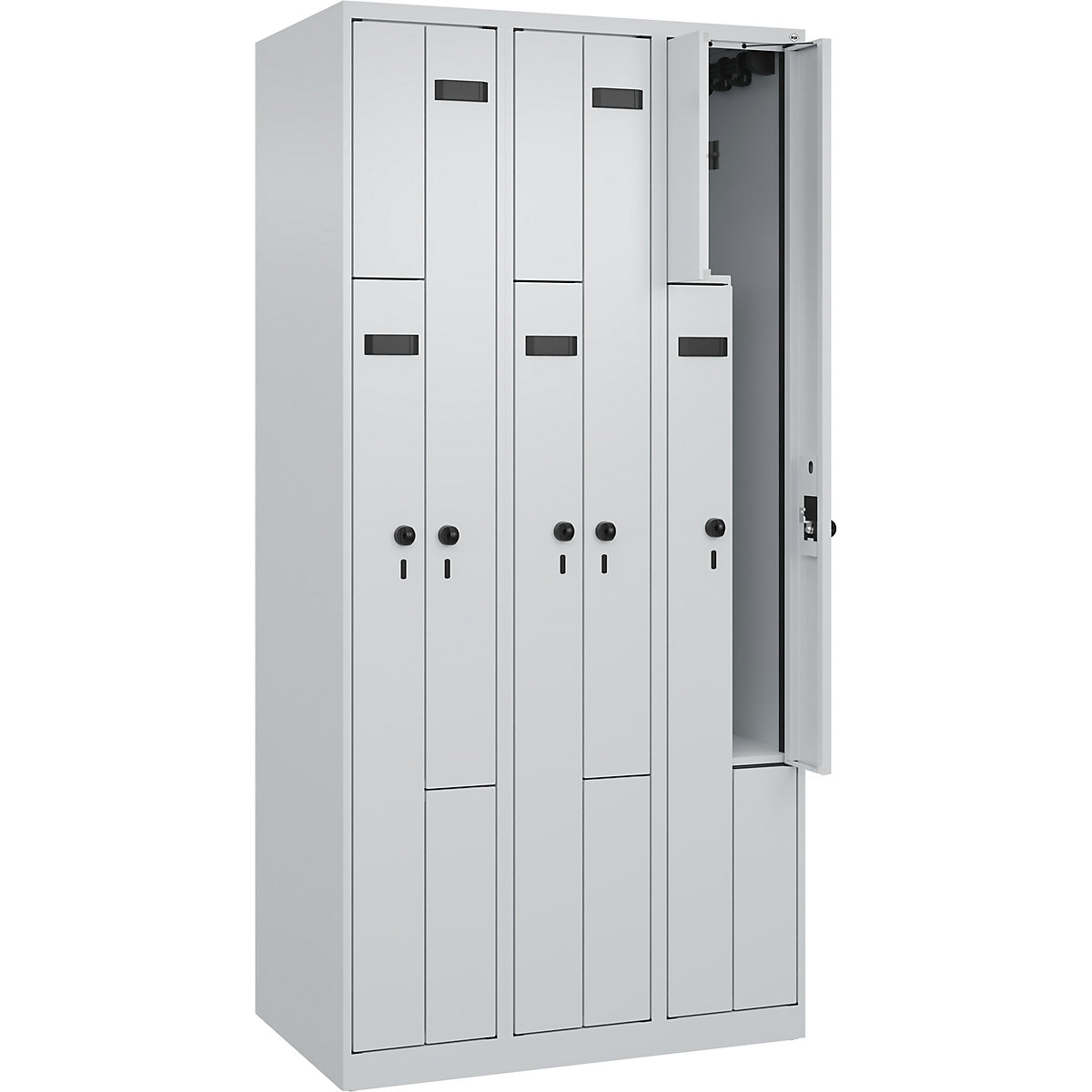 Armadietto a Z Evolo PLUS, 3 scomparti, grigio chiaro, largh. 900 mm, 6 vani, con piedini a pavimento, serratura girevole di sicurezza-0