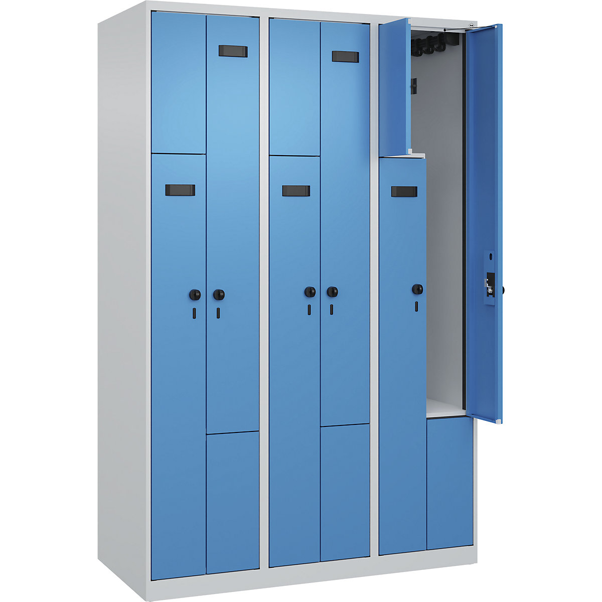 Armadietto a Z Evolo PLUS, 3 scomparti, grigio chiaro / blu chiaro, largh. 1200 mm, 6 vani, con piedini a pavimento, serratura girevole di sicurezza-0