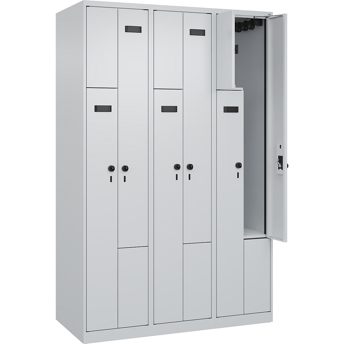 Armadietto a Z Evolo PLUS, 3 scomparti, grigio chiaro, largh. 1200 mm, 6 vani, con piedini a pavimento, serratura girevole di sicurezza-0