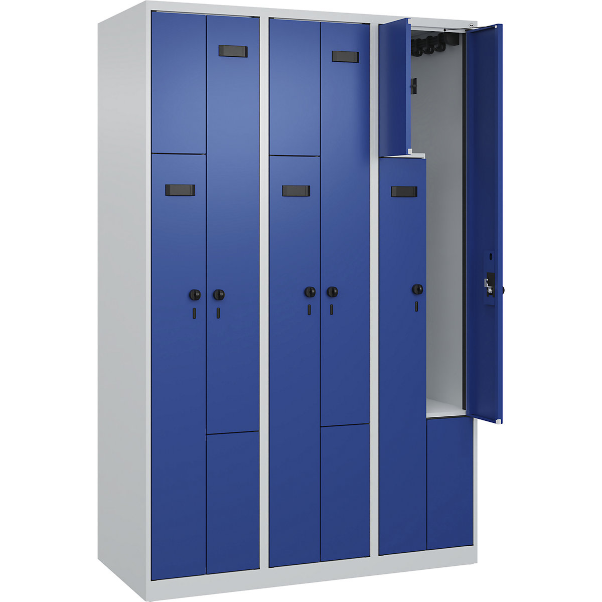Armadietto a Z Evolo PLUS, 3 scomparti, grigio chiaro / blu genziana, largh. 1200 mm, 6 vani, con piedini a pavimento, serratura girevole di sicurezza-0