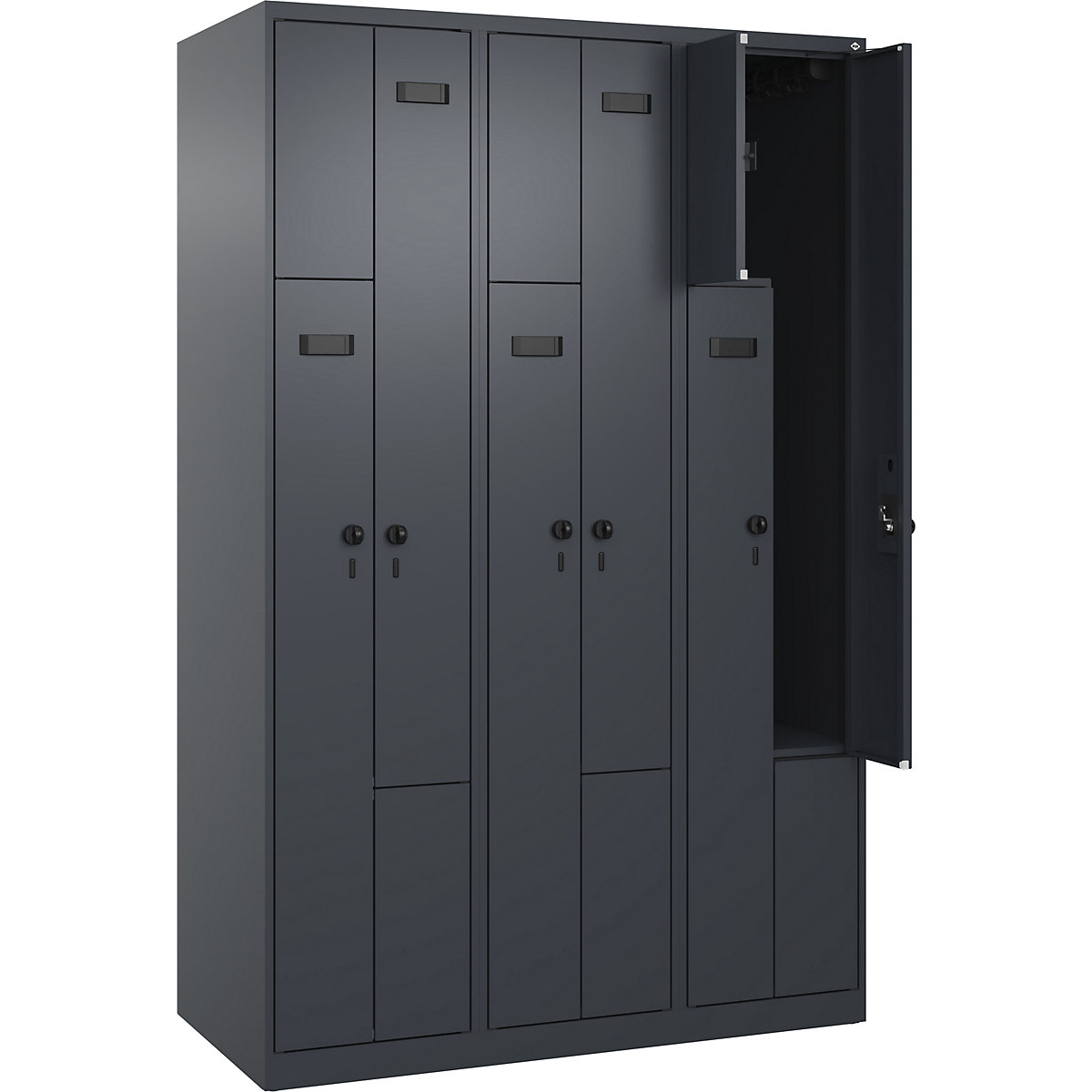 Armadietto a Z Evolo PLUS, 3 scomparti, grigio, largh. 1200 mm, 6 vani, con piedini a pavimento, serratura girevole di sicurezza-0