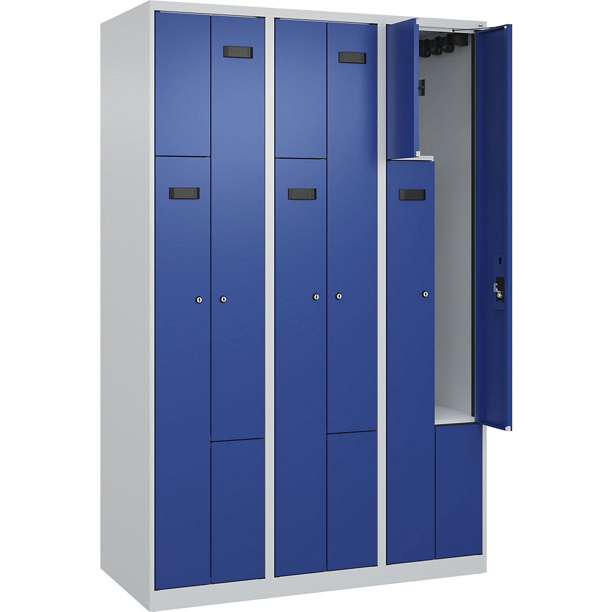 Armadietto a Z Evolo PLUS, 3 scomparti, grigio chiaro / blu genziana, largh. 1200 mm, 6 vani, con piedini a pavimento, serratura a cilindro-0