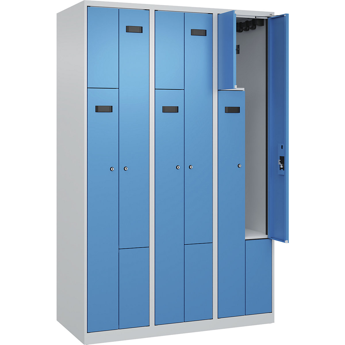 Armadietto a Z Evolo PLUS, 3 scomparti, grigio chiaro / blu chiaro, largh. 1200 mm, 6 vani, con piedini a pavimento, serratura a cilindro-0
