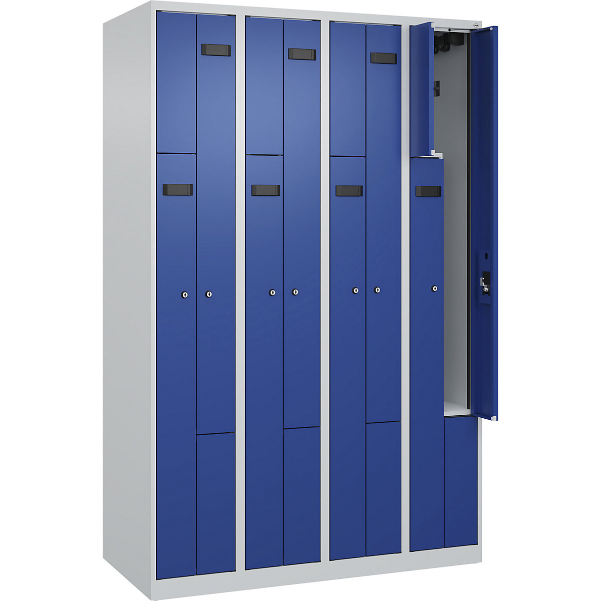 Armadietto a Z Evolo PLUS, 4 scomparti, grigio chiaro / blu genziana, largh. 1200 mm, 8 vani, con piedini a pavimento, serratura a cilindro-0