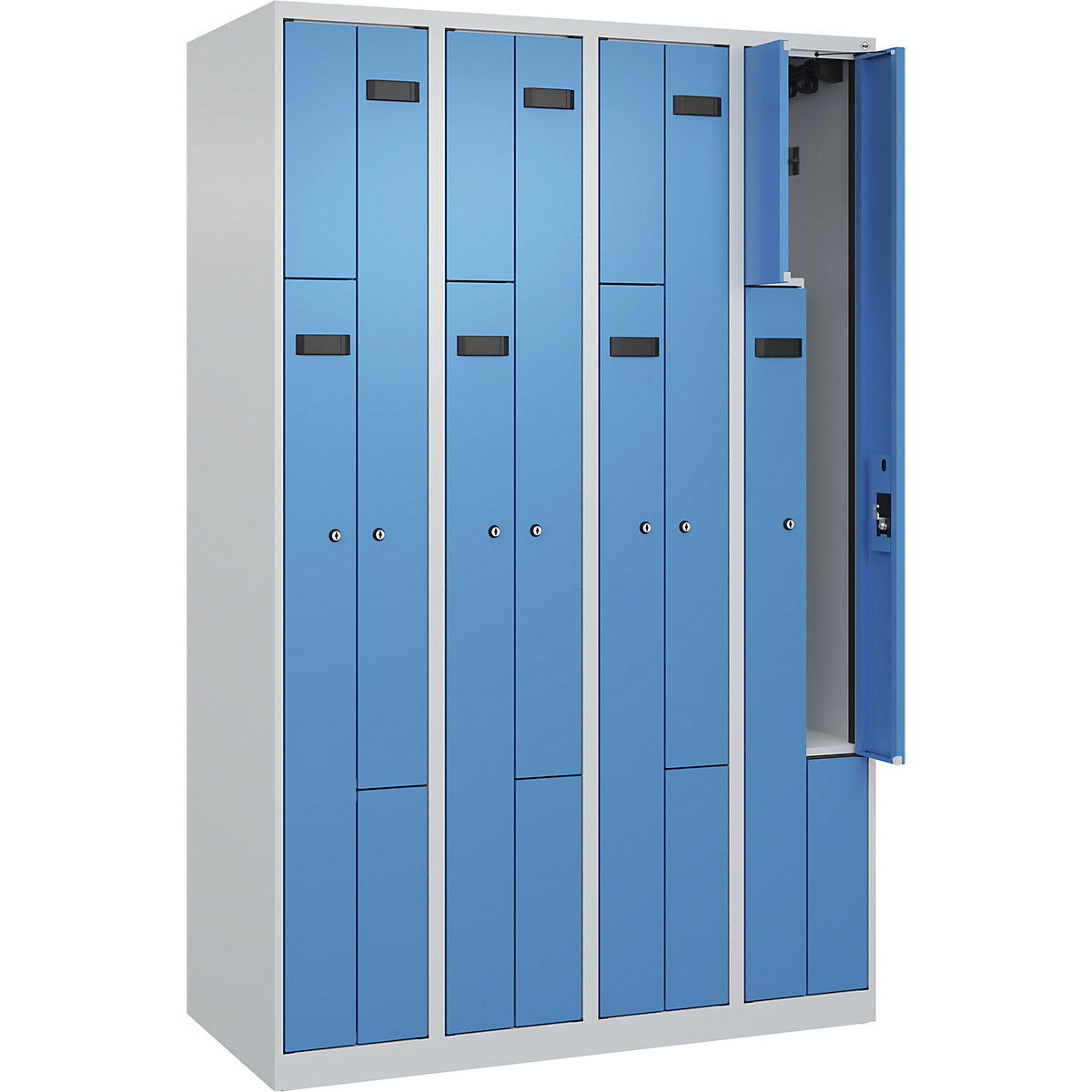 Armadietto a Z Evolo PLUS, 4 scomparti, grigio chiaro / blu chiaro, largh. 1200 mm, 8 vani, con piedini a pavimento, serratura a cilindro-0