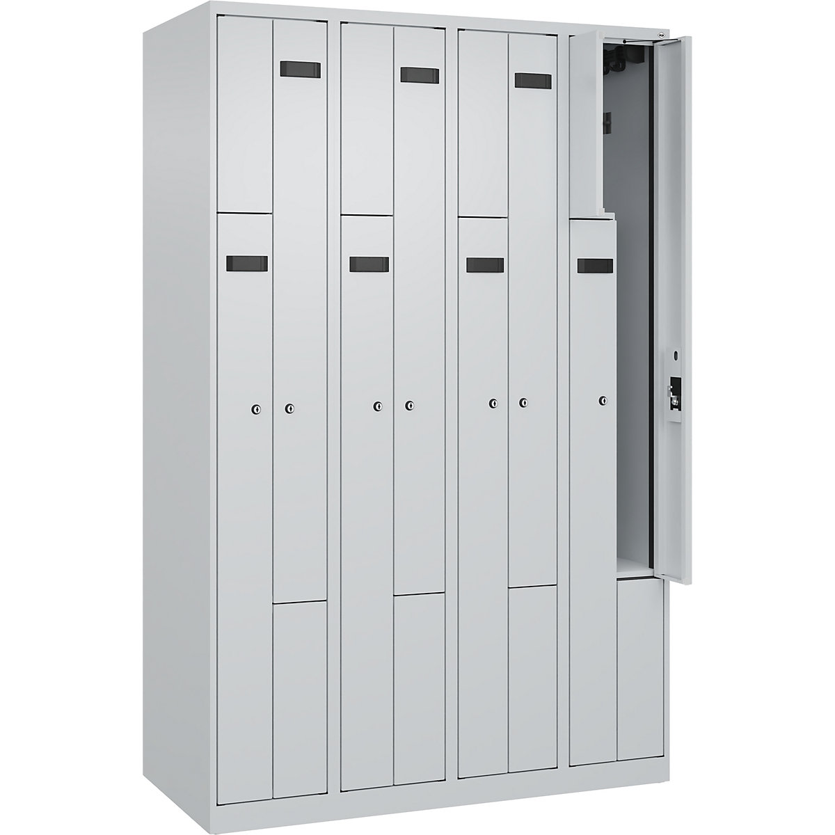 Armadietto a Z Evolo PLUS, 4 scomparti, grigio chiaro, largh. 1200 mm, 8 vani, con piedini a pavimento, serratura a cilindro-0