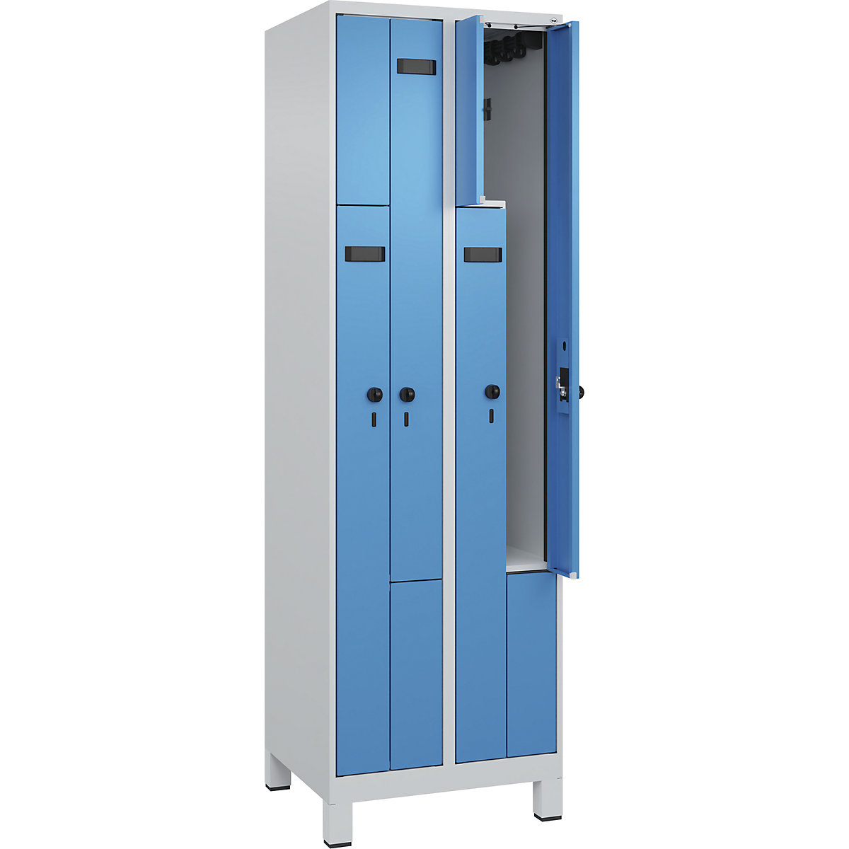 Armadietto a Z Evolo PLUS, 2 scomparti, grigio chiaro / blu chiaro, largh. 600 mm, 4 vani, con piedini larghi, serratura girevole di sicurezza-0