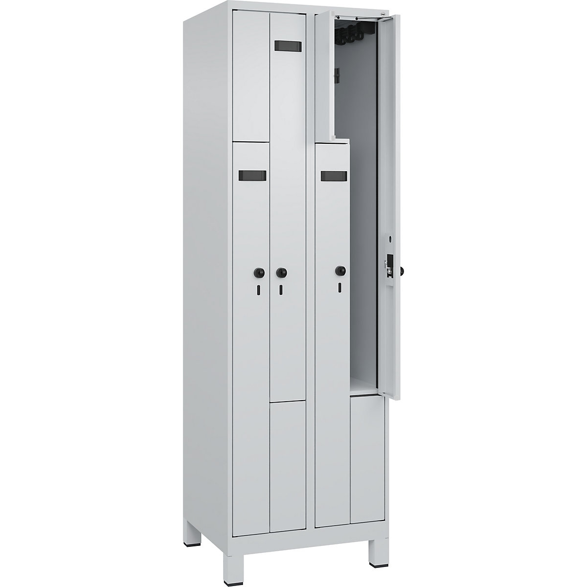 Armadietto a Z Evolo PLUS, 2 scomparti, grigio chiaro, largh. 600 mm, 4 vani, con piedini larghi, serratura girevole di sicurezza-0