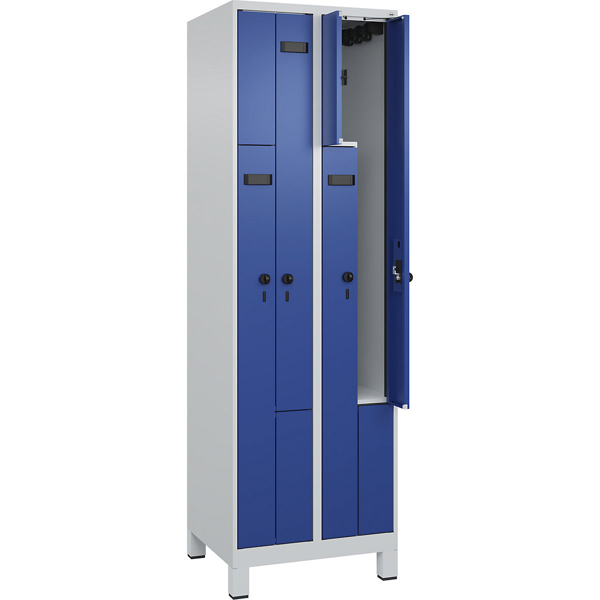Armadietto a Z Evolo PLUS, 2 scomparti, grigio chiaro / blu genziana, largh. 600 mm, 4 vani, con piedini larghi, serratura girevole di sicurezza-0