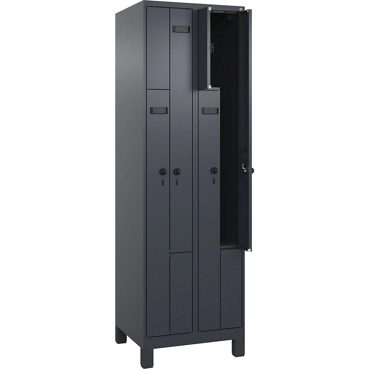 Armadietto a Z Evolo PLUS, 2 scomparti, grigio, largh. 600 mm, 4 vani, con piedini larghi, serratura girevole di sicurezza-0